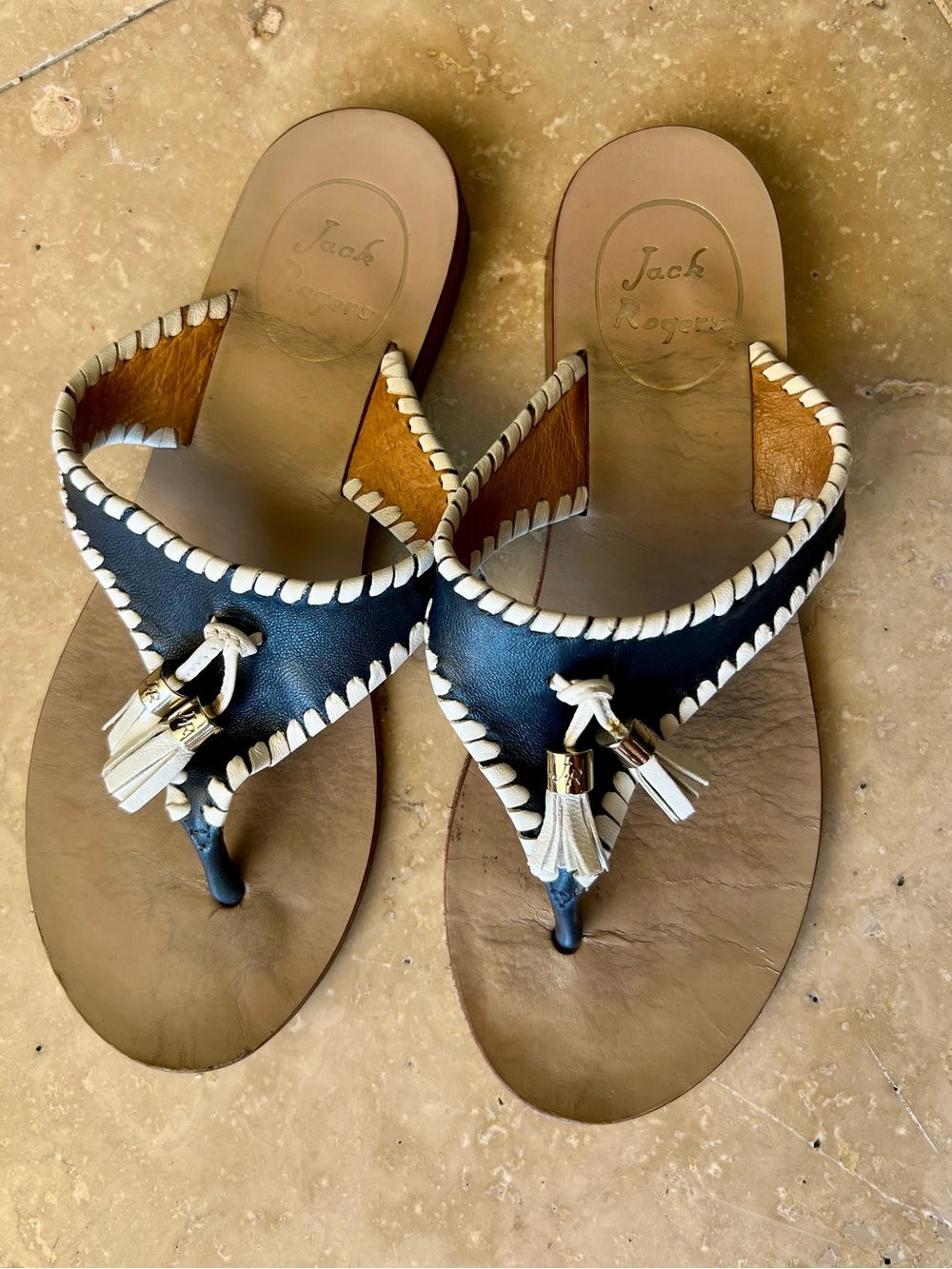 Jack Rogers Alana Navy Sandals with White Tassels